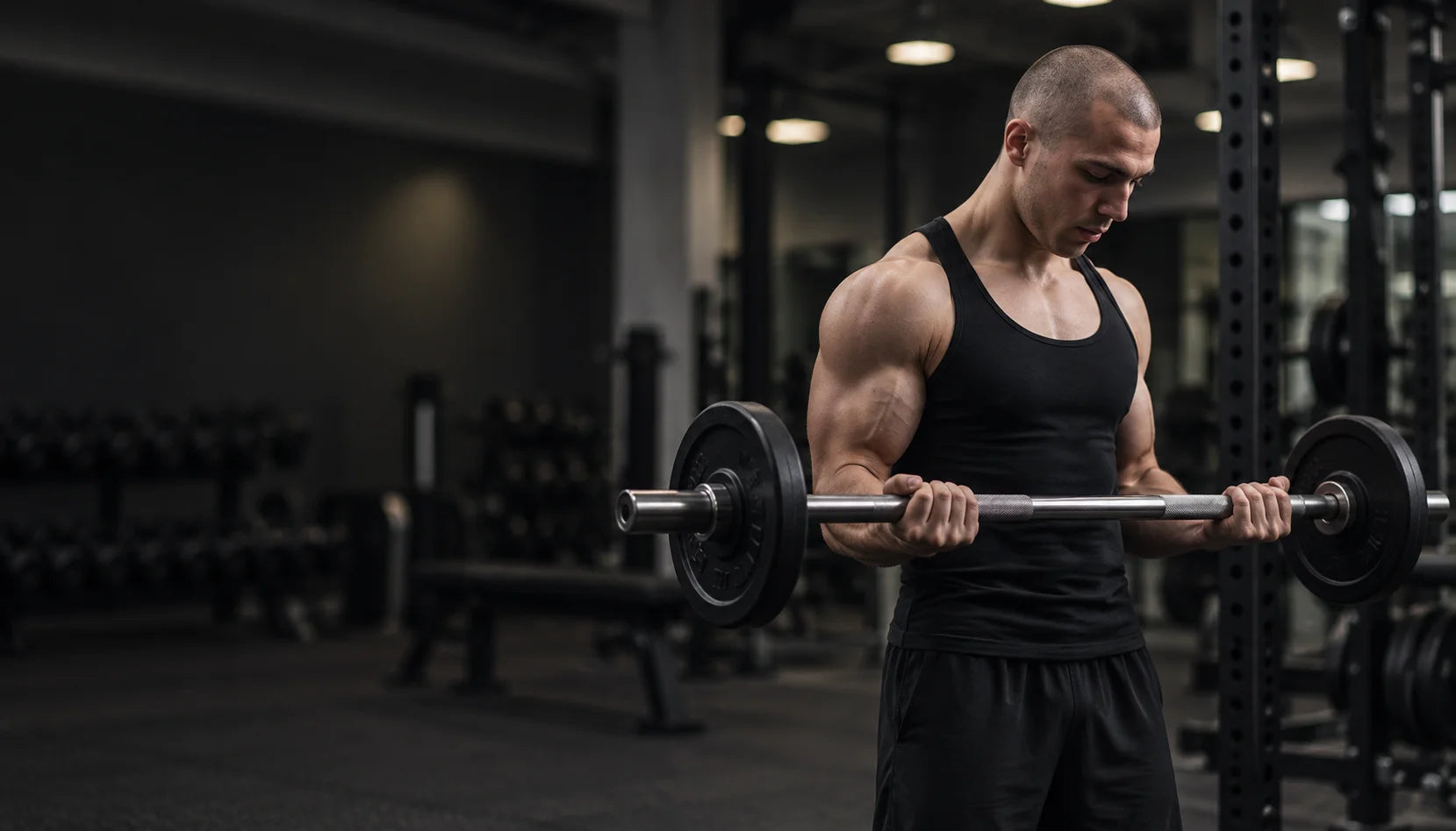 Athlète en débardeur noir réalisant un curl biceps à la barre dans une salle de musculation